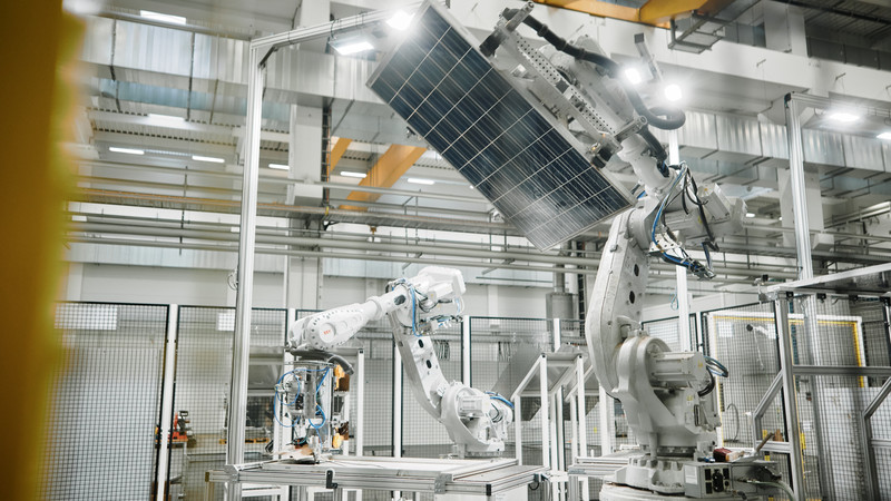 Roboter hebt Solarplatte an